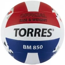 Мяч волейбольный TORRES BM850 арт.V32025, р.5, синт. кожа (ПУ), клееный, бут. кам., бел-син-крас